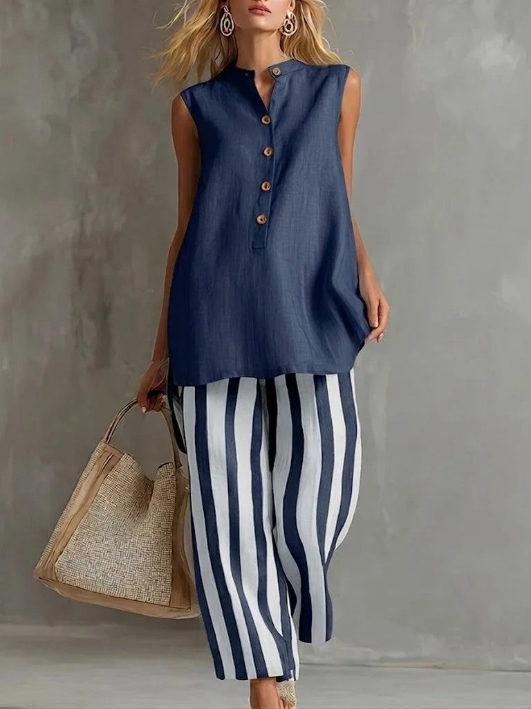 Casual Sleeveless Shirt Top And Striped Wide-Leg Pants Two-Piece Set