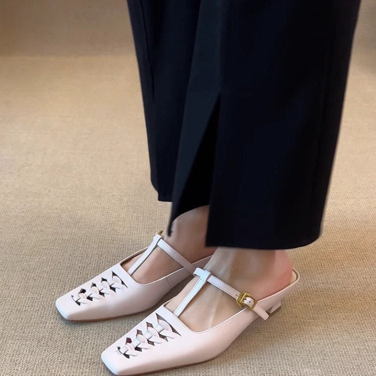 2026 New Vintage Woven Square Toe Mules, 3.5cm Mid Heel Elegant Closed Toe Outdoor Sandals