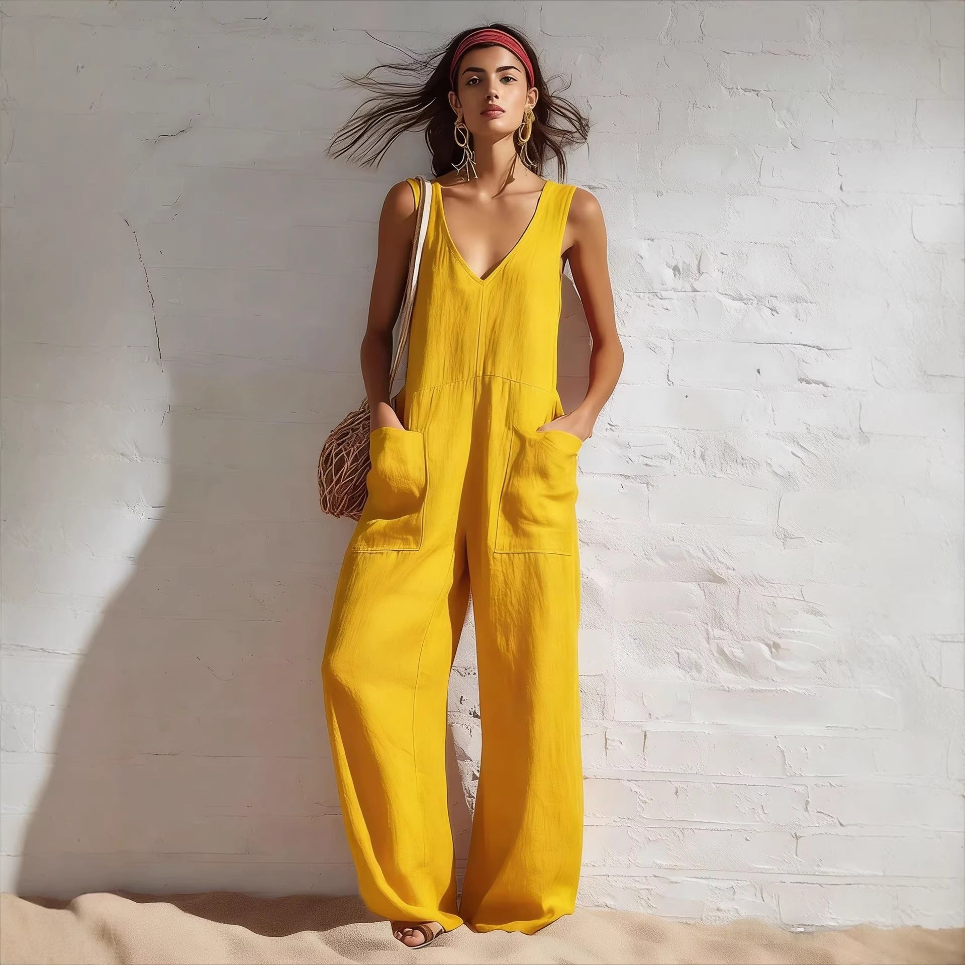 Womens Sleeveless V-Neck Pocketed Casual Jumpsuit