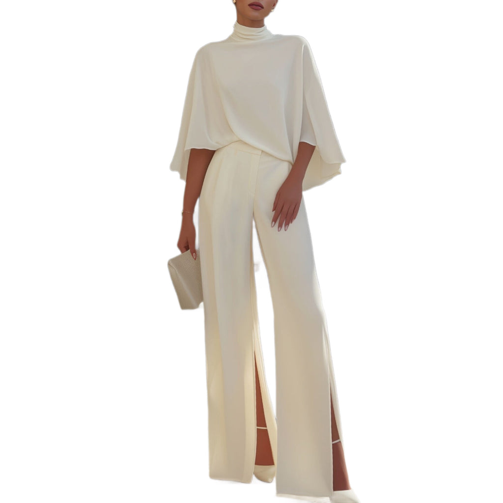 Womens Solid-Color Semi-High Neck Top And High-Waisted Wide-Leg Pants With Side Slits Outfit