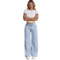 Women's High-Waisted Non-Stretch Wide Leg Jeans, Light Wash Straight Leg Denim Pants