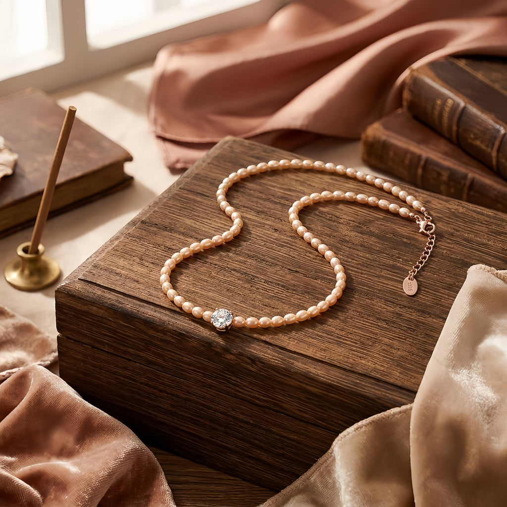 925 Sterling Silver Elegant Rose-Tone Pearl Choker with a Radiant Round-Cut Solitaire Pendant