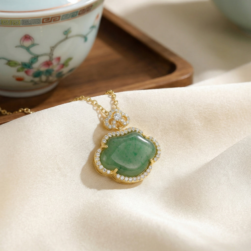 925 Sterling Silver Radiant Green Jade Ruyi Longevity Lock Pendant Necklace with Sparkling Stone Accents