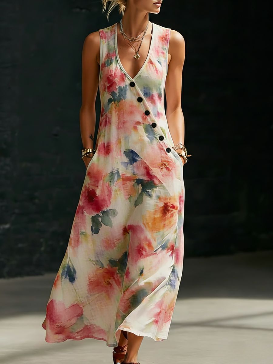 Womens Loose V-Neck Slant-Button Dress
