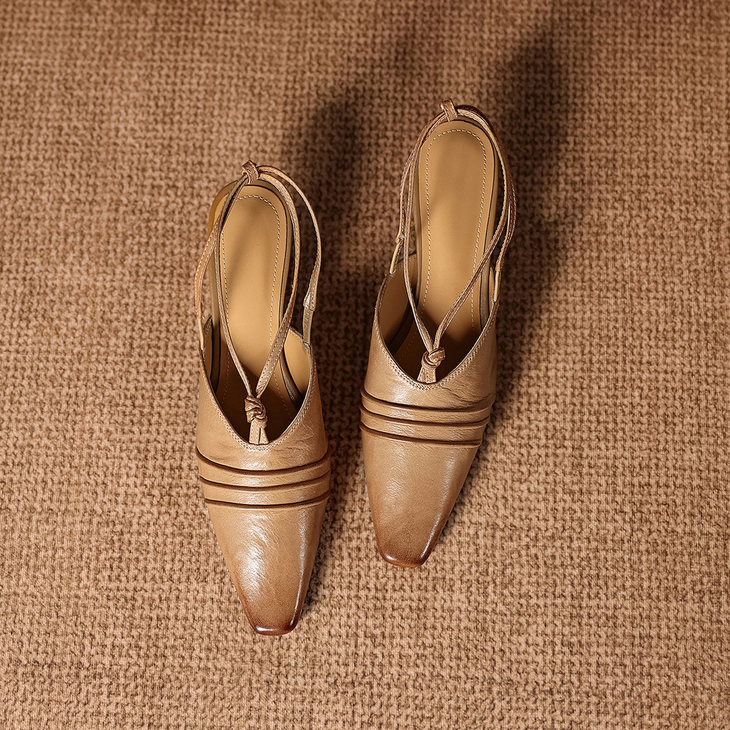 Premium Handmade Washed Leather Wedge Sandals, Women's Knotted Slingback Square Toe Shoes