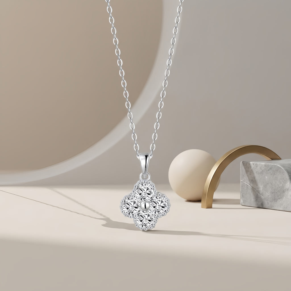 925 Sterling Silver Elegant CZ Floral Pendant White Gold Necklace