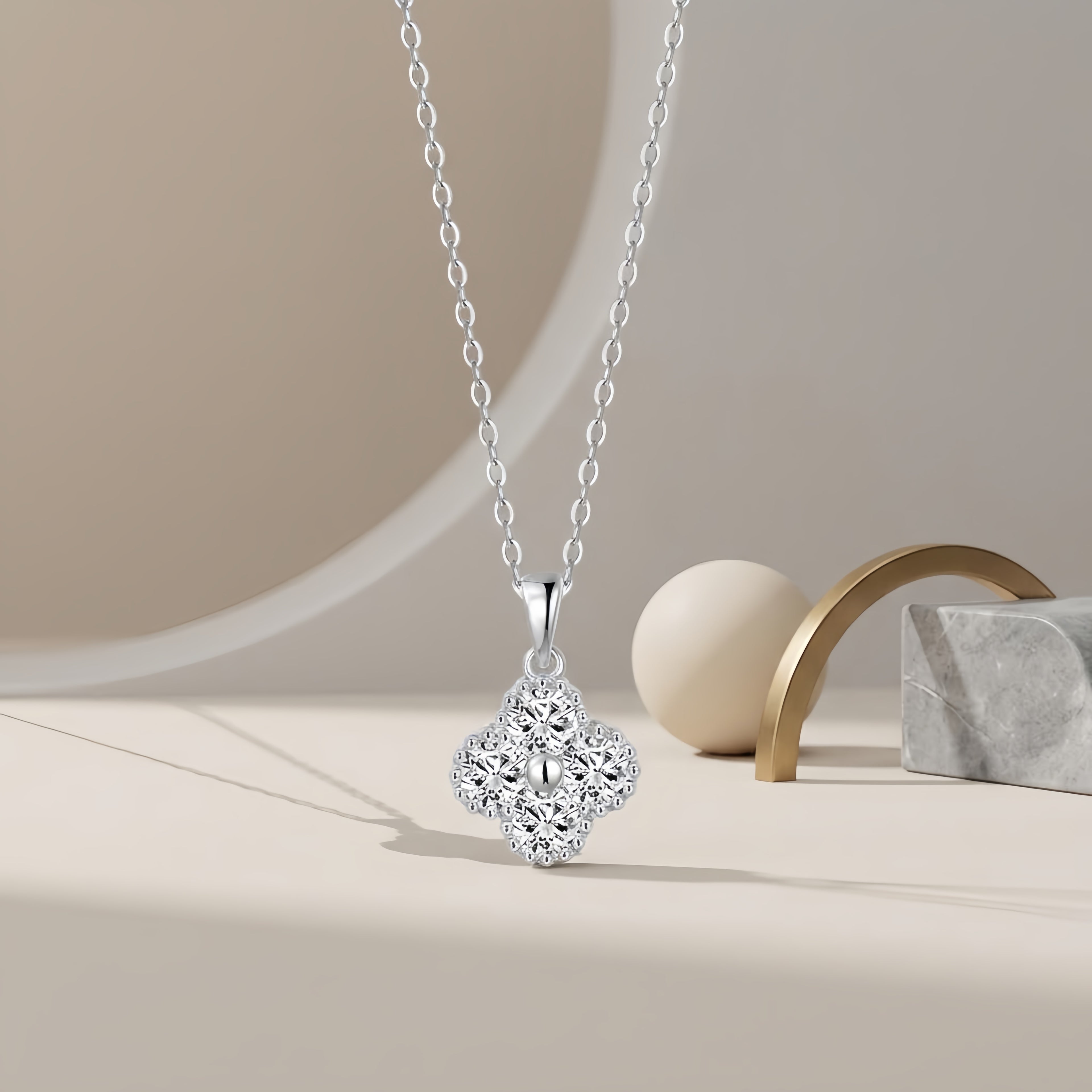 925 Sterling Silver Elegant CZ Floral Pendant White Gold Necklace