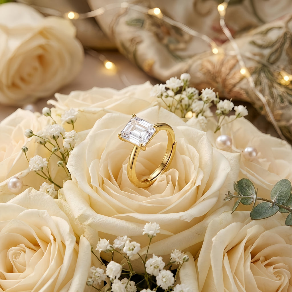 925 Sterling Silver Elegant Gold-Plated  Ring with Square-Cut CZ Centerpiece