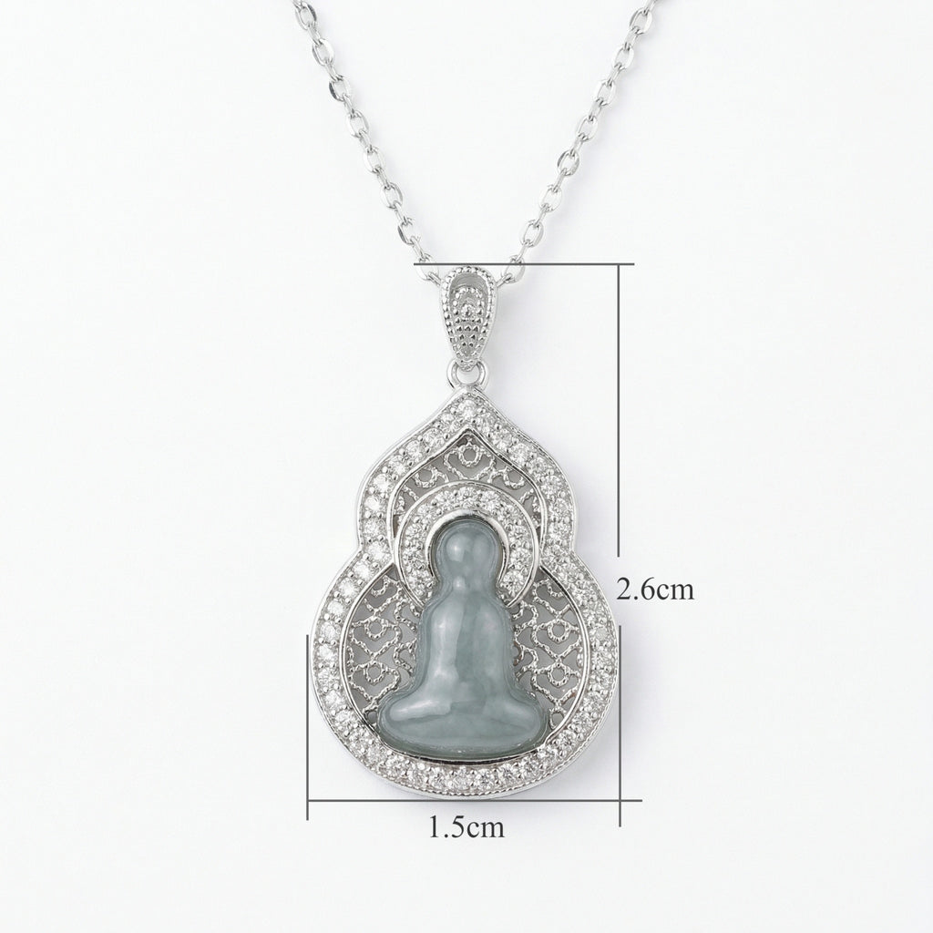 925 Sterling Silver Elegant Jadeite Buddha Pendant Necklace in a Decorative Sparkling Frame