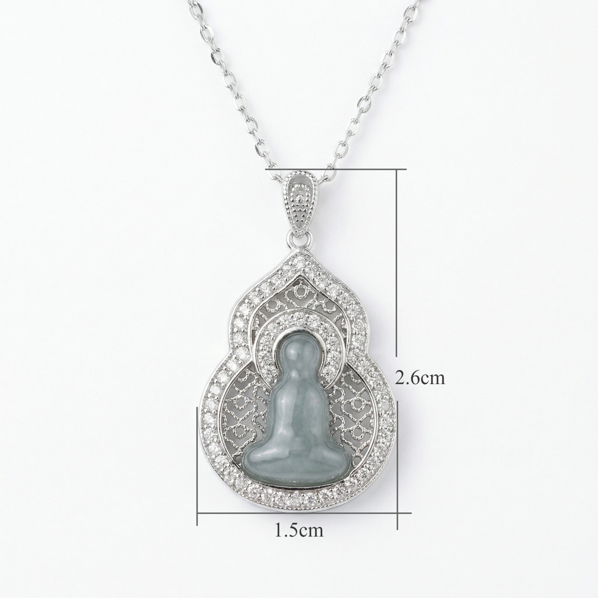 925 Sterling Silver Elegant Jadeite Buddha Pendant Necklace in a Decorative Sparkling Frame