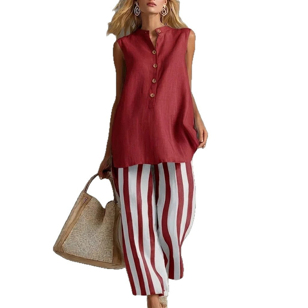 Casual Sleeveless Shirt Top And Striped Wide-Leg Pants Two-Piece Set