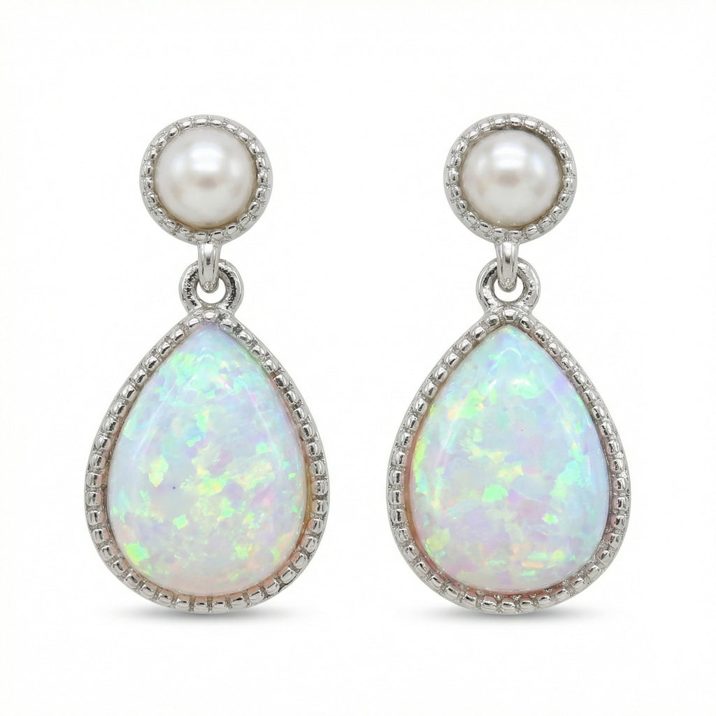 925 Sterling Silver Sterling Silver Teardrop Lab-Created White Opal and Pearl Drop Earrings