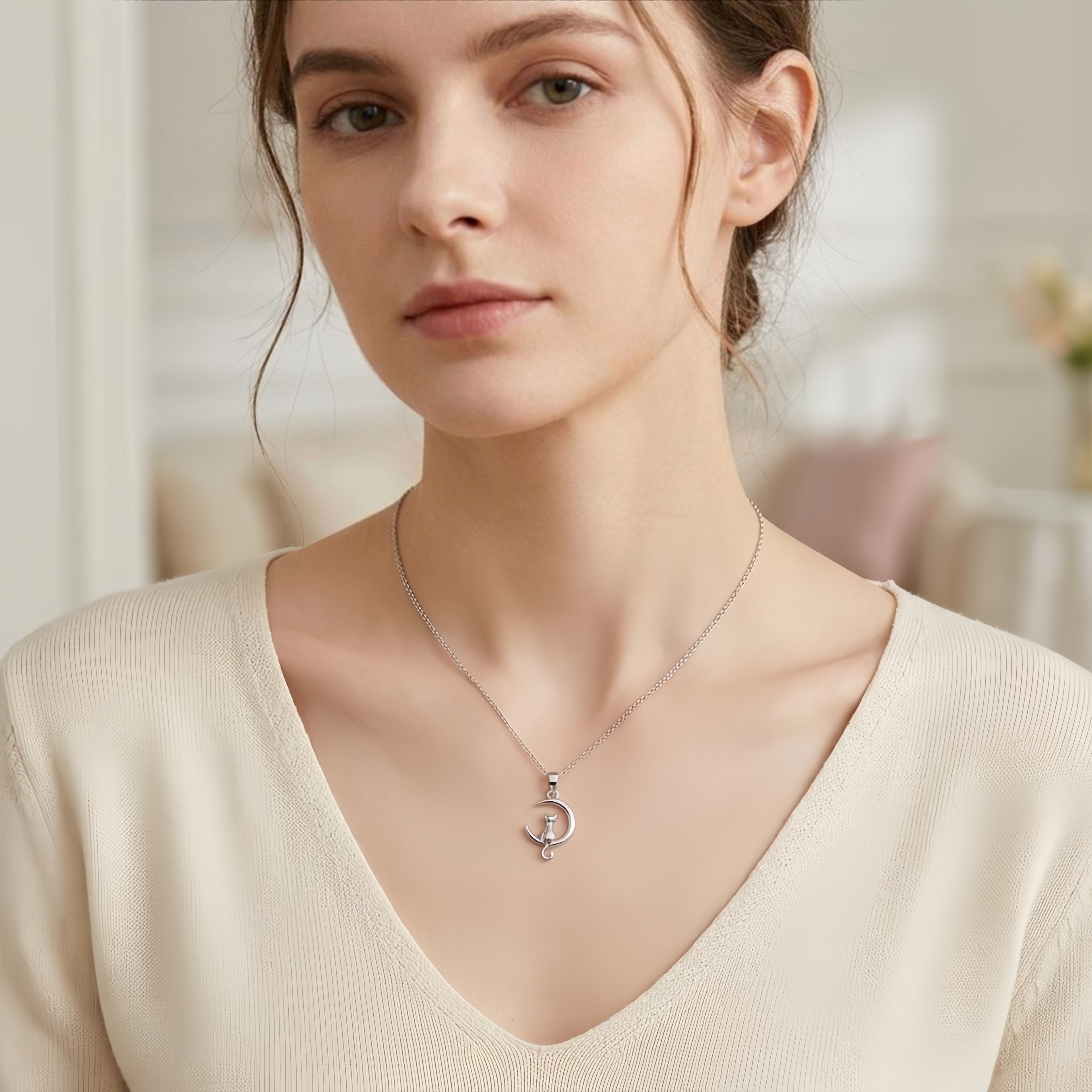 925 Sterling Silver Elegant  Cat on Crescent Moon Pendant Necklace