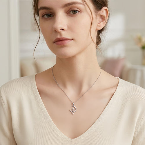 925 Sterling Silver Elegant  Cat on Crescent Moon Pendant Necklace