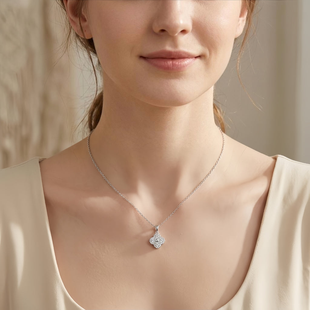 925 Sterling Silver Elegant CZ Floral Pendant White Gold Necklace