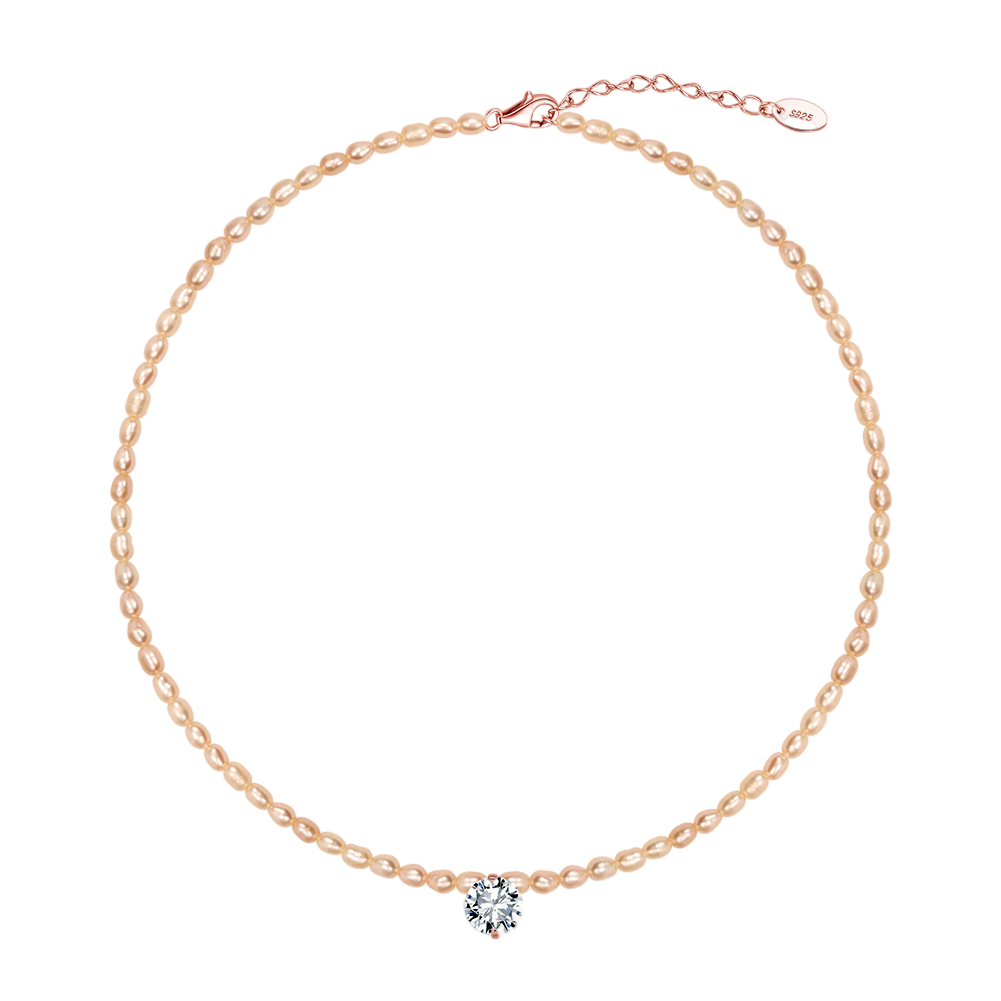 925 Sterling Silver Elegant Rose-Tone Pearl Choker with a Radiant Round-Cut Solitaire Pendant
