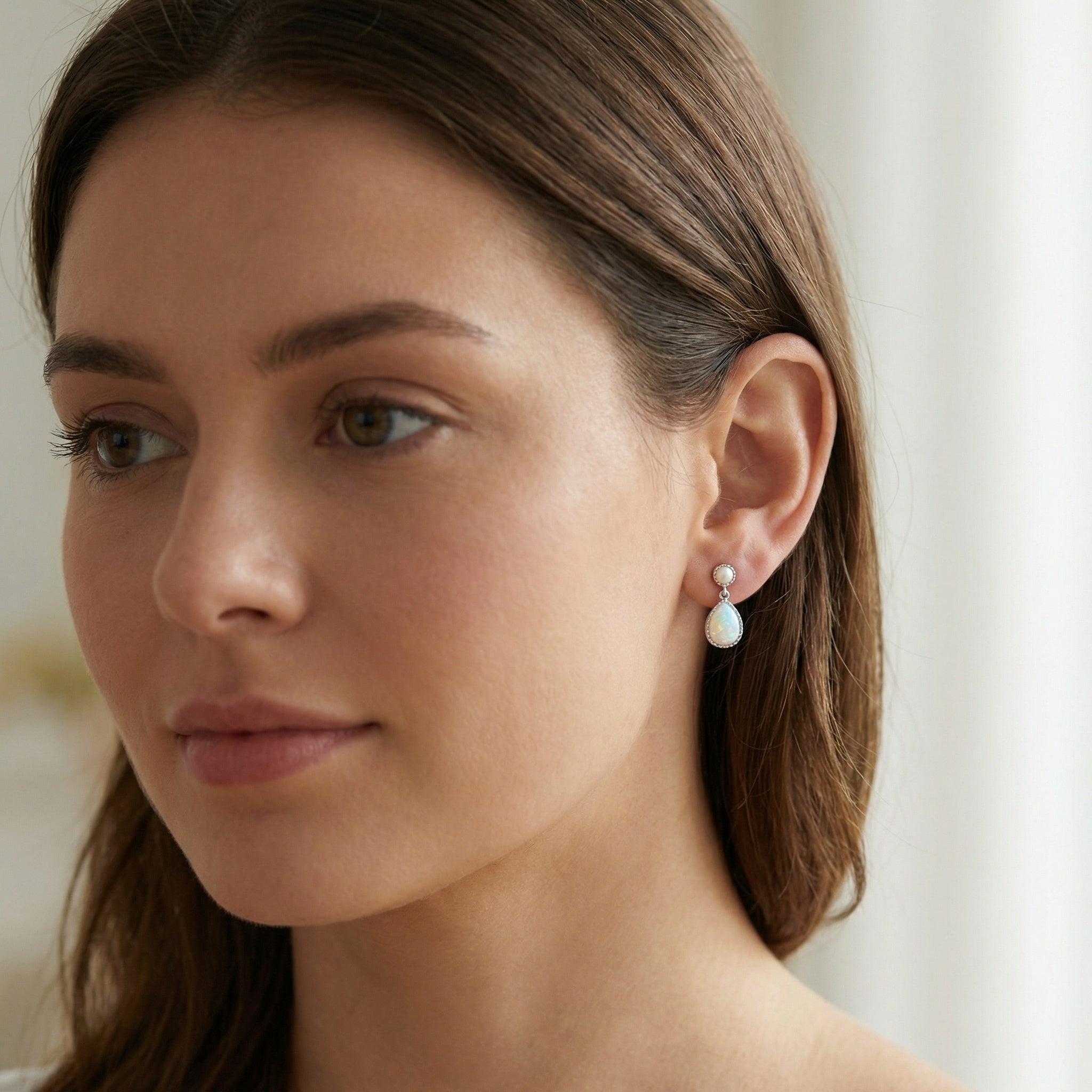 925 Sterling Silver Sterling Silver Teardrop Lab-Created White Opal and Pearl Drop Earrings