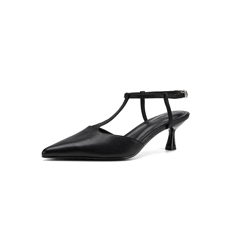 Women's Handmade Washed Full-Grain Lambskin T-Strap Slingback Heels, Vintage Pointed Toe Kitten Heel Sandals