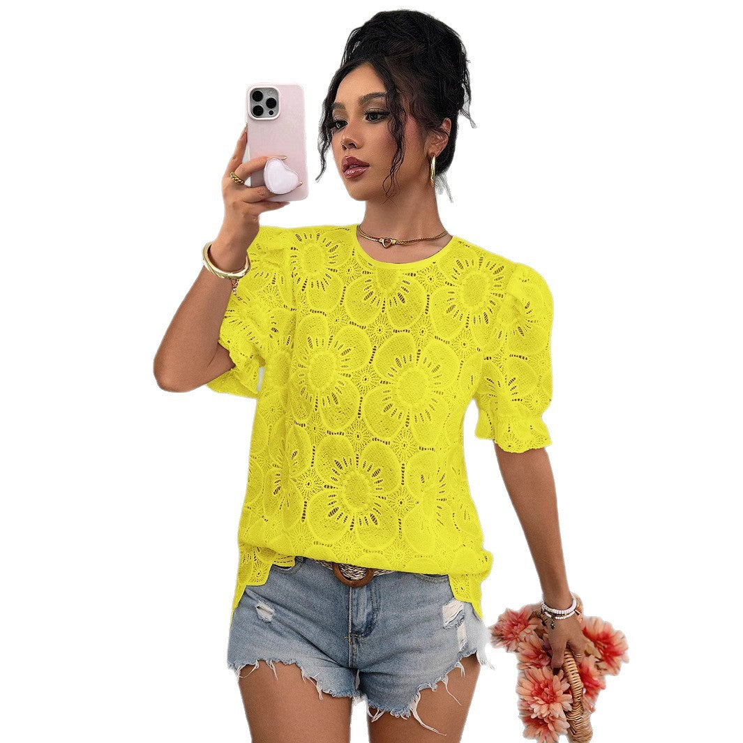 Casual Hollow-Out Lace Puff-Sleeve Shirt Top