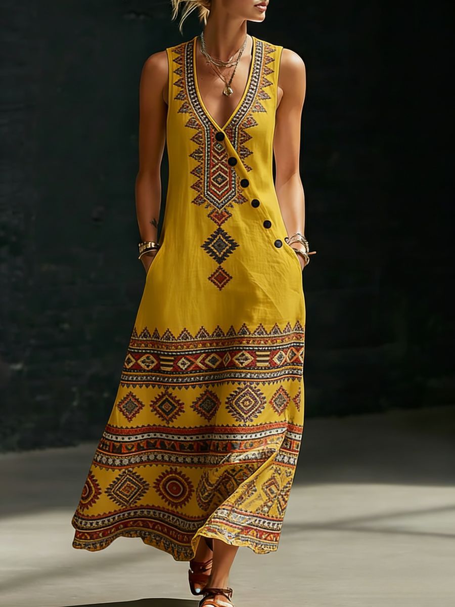 Womens Loose V-Neck Slant-Button Dress
