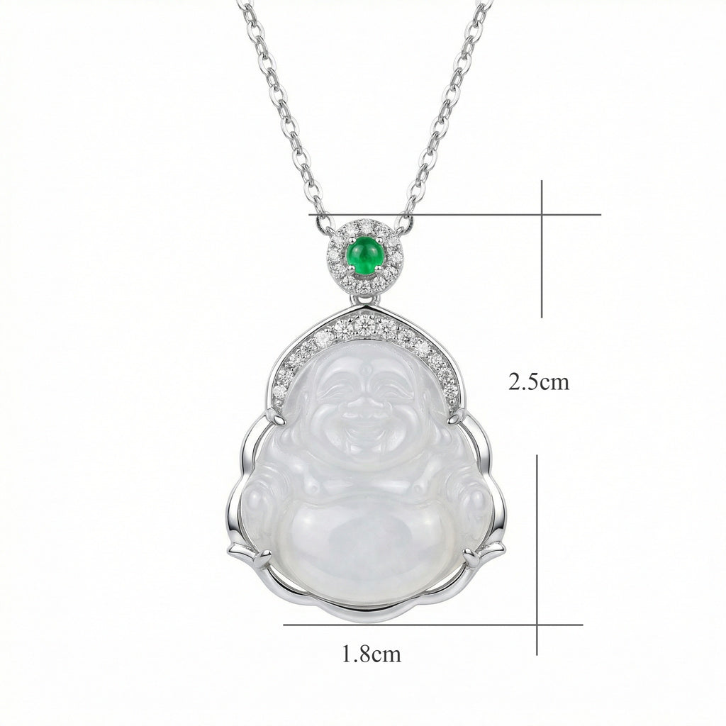 925 Sterling Silver Elegant White Jade Laughing Buddha Pendant Necklace with Vibrant Green Jadeite and Shimmering Accents