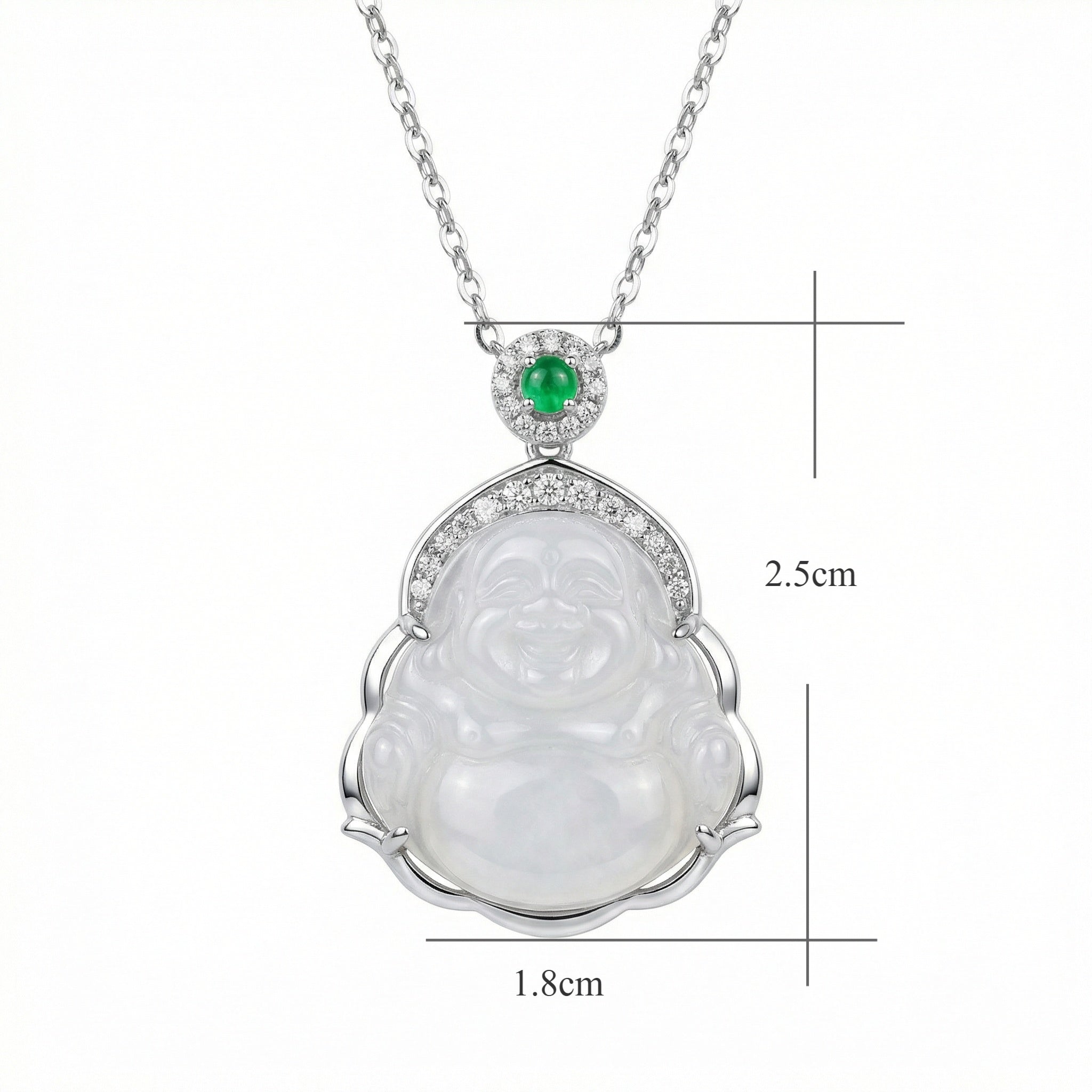 925 Sterling Silver Elegant White Jade Laughing Buddha Pendant Necklace with Vibrant Green Jadeite and Shimmering Accents