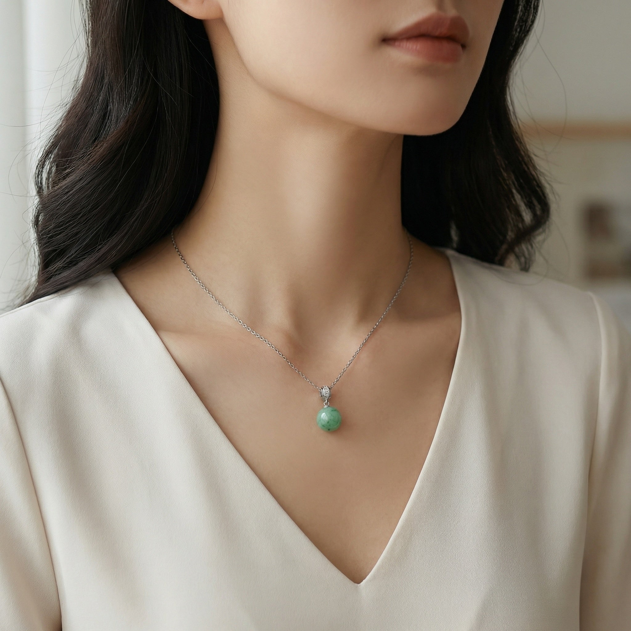 925 Sterling Silver Elegant Green Jade Round Sphere Pendant Necklace with Gemstone-Encrusted Bail