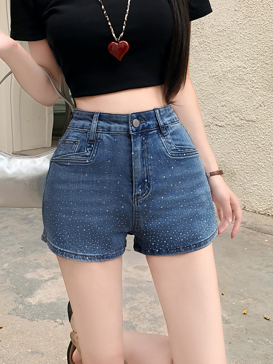 Women's High-Waisted Rhinestone Denim Shorts, Sparkly Studded Hot Pants In Light Black White