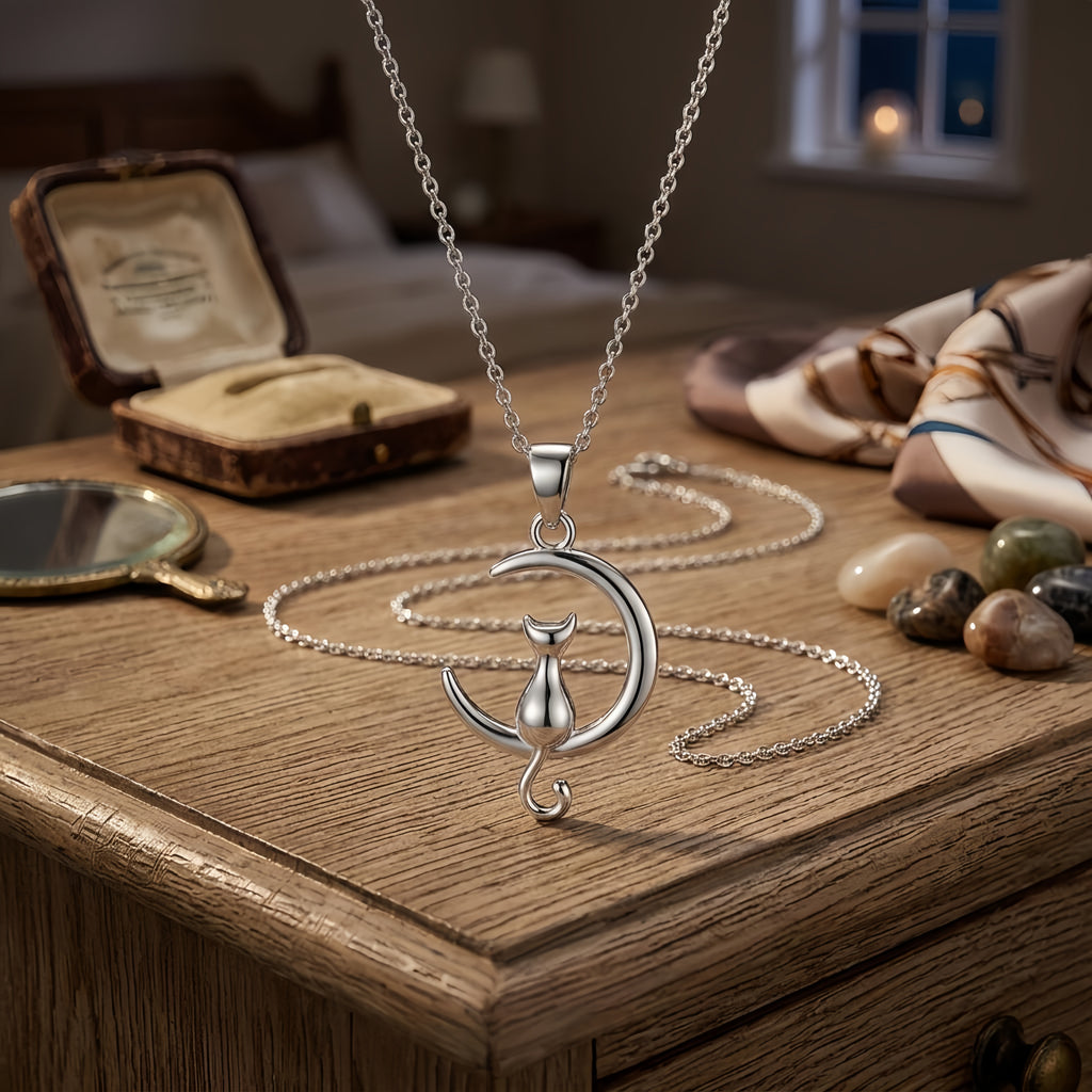 925 Sterling Silver Elegant  Cat on Crescent Moon Pendant Necklace