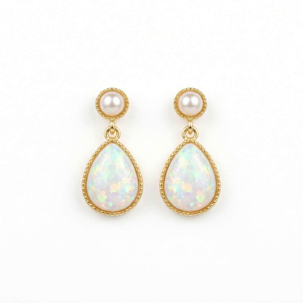 925 Sterling Silver Elegant Pearl and Pear-Shaped Opal Drop Earrings with Intricate Bezel Detailing