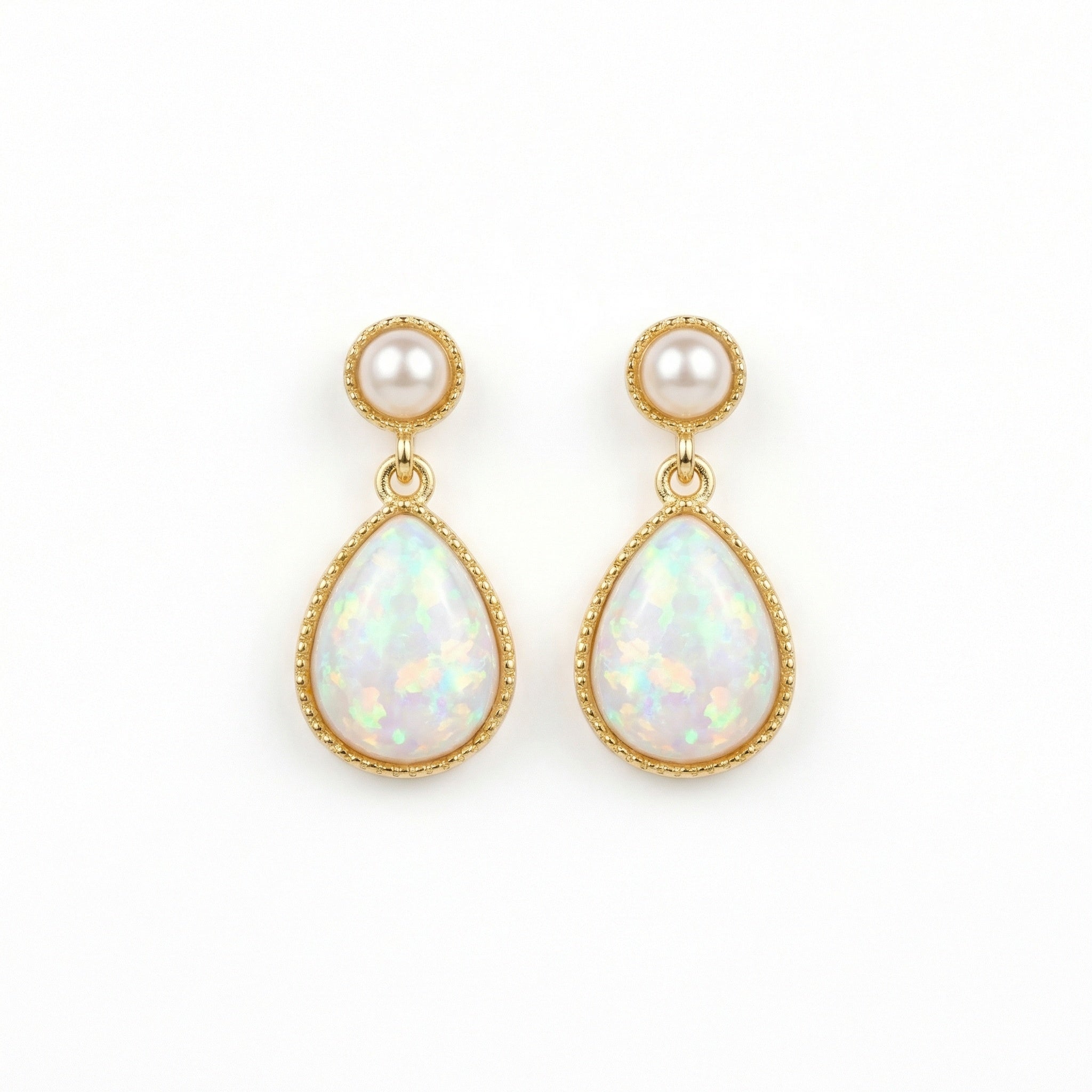 925 Sterling Silver Elegant Pearl and Pear-Shaped Opal Drop Earrings with Intricate Bezel Detailing