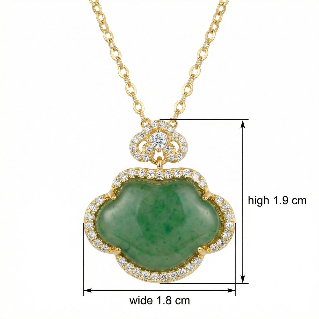 925 Sterling Silver Radiant Green Jade Ruyi Longevity Lock Pendant Necklace with Sparkling Stone Accents