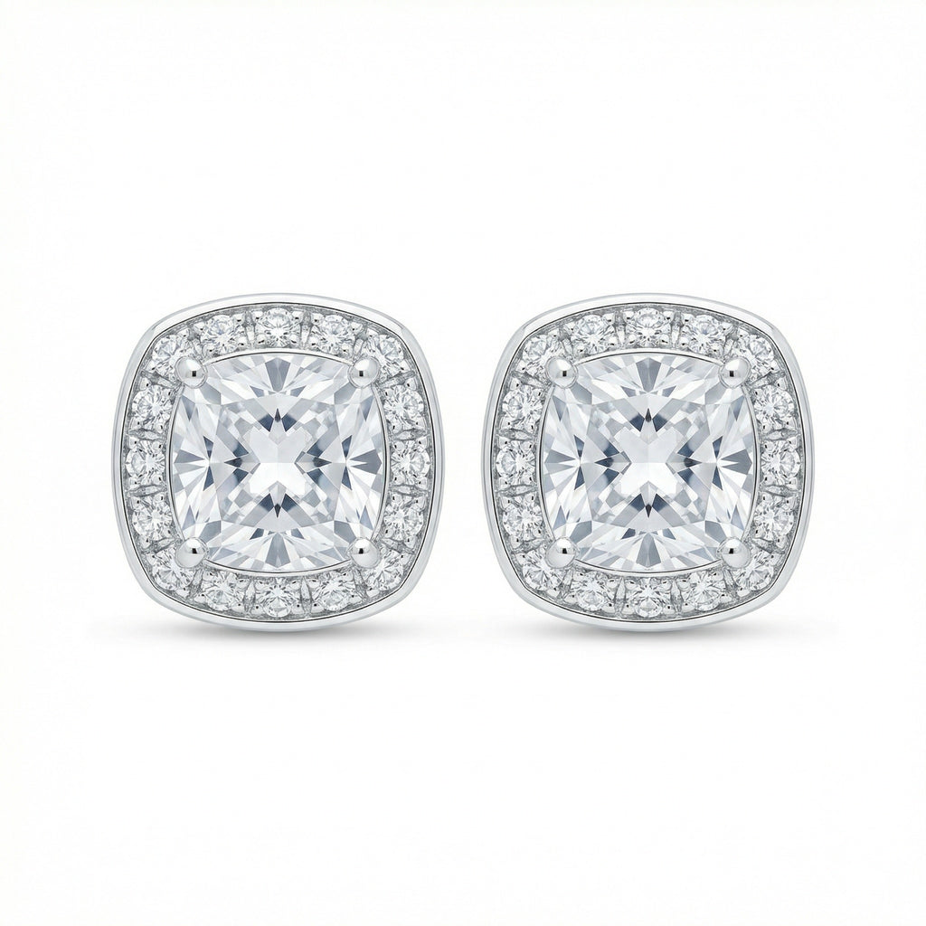 925 Sterling Silver Stunning Cushion-Cut Halo Stud Earrings in Polished White Finish