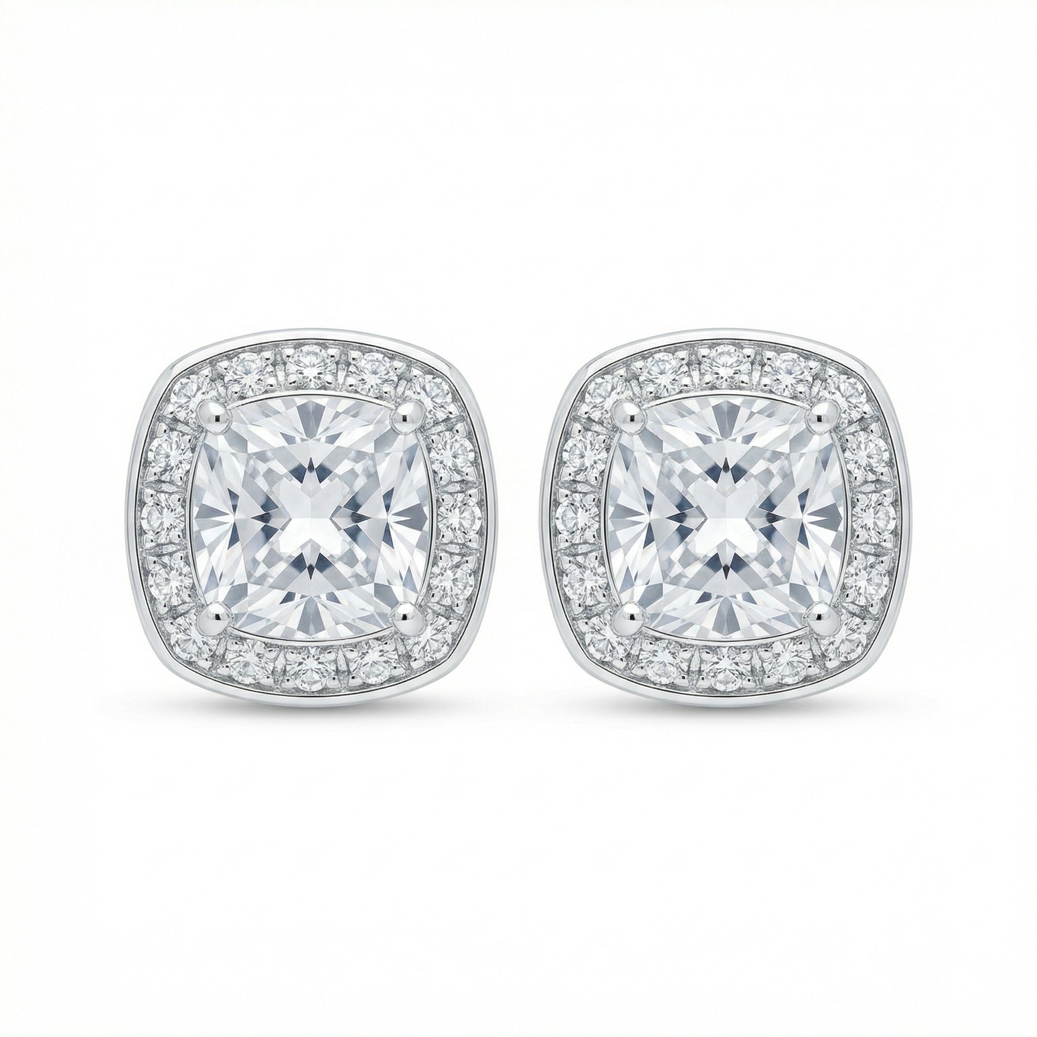 925 Sterling Silver Stunning Cushion-Cut Halo Stud Earrings in Polished White Finish