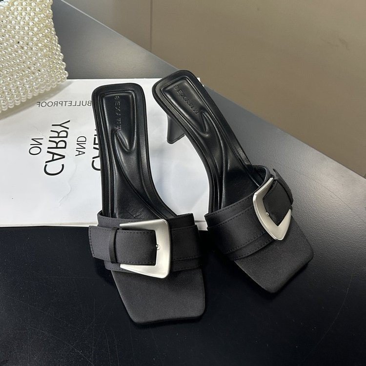Korean Style Belt Buckle Thick Heel Sandals For Women, Satin Square Toe High Heels With Exposed Toes, Straight Line Slippers