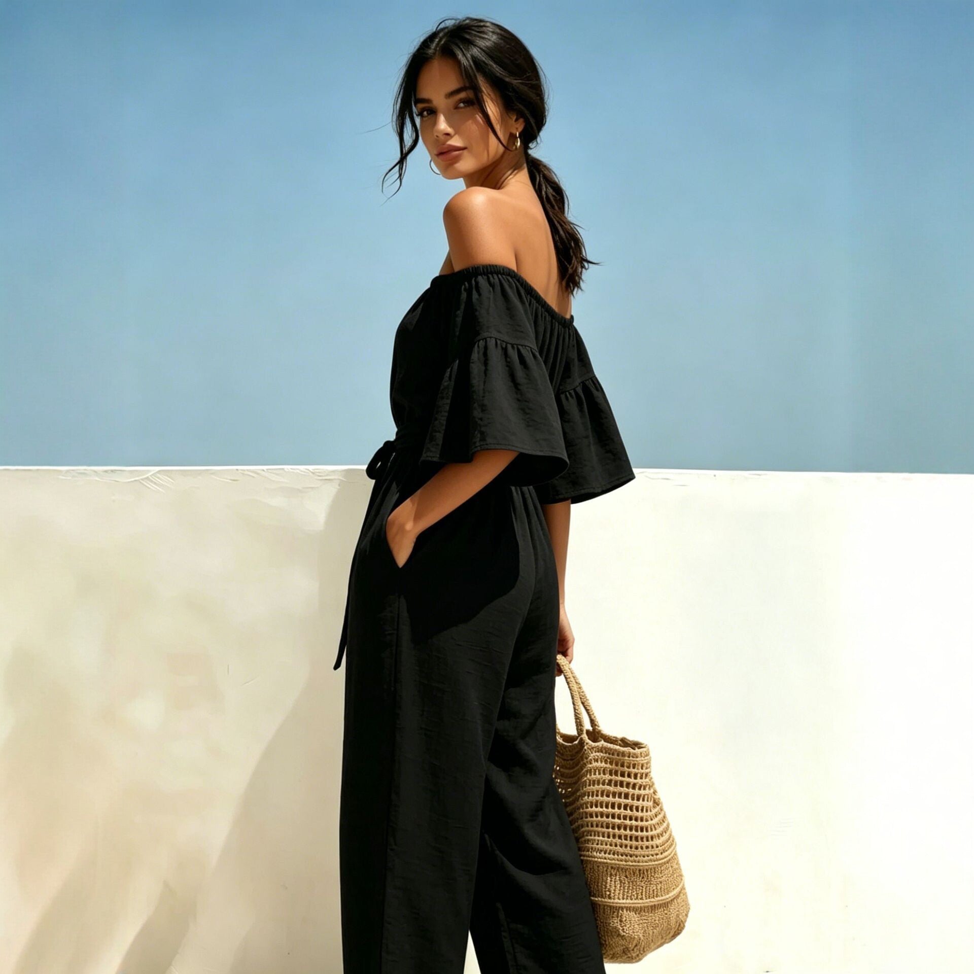 Womens Lace-Up Off-Shoulder Ruffle Jumpsuit