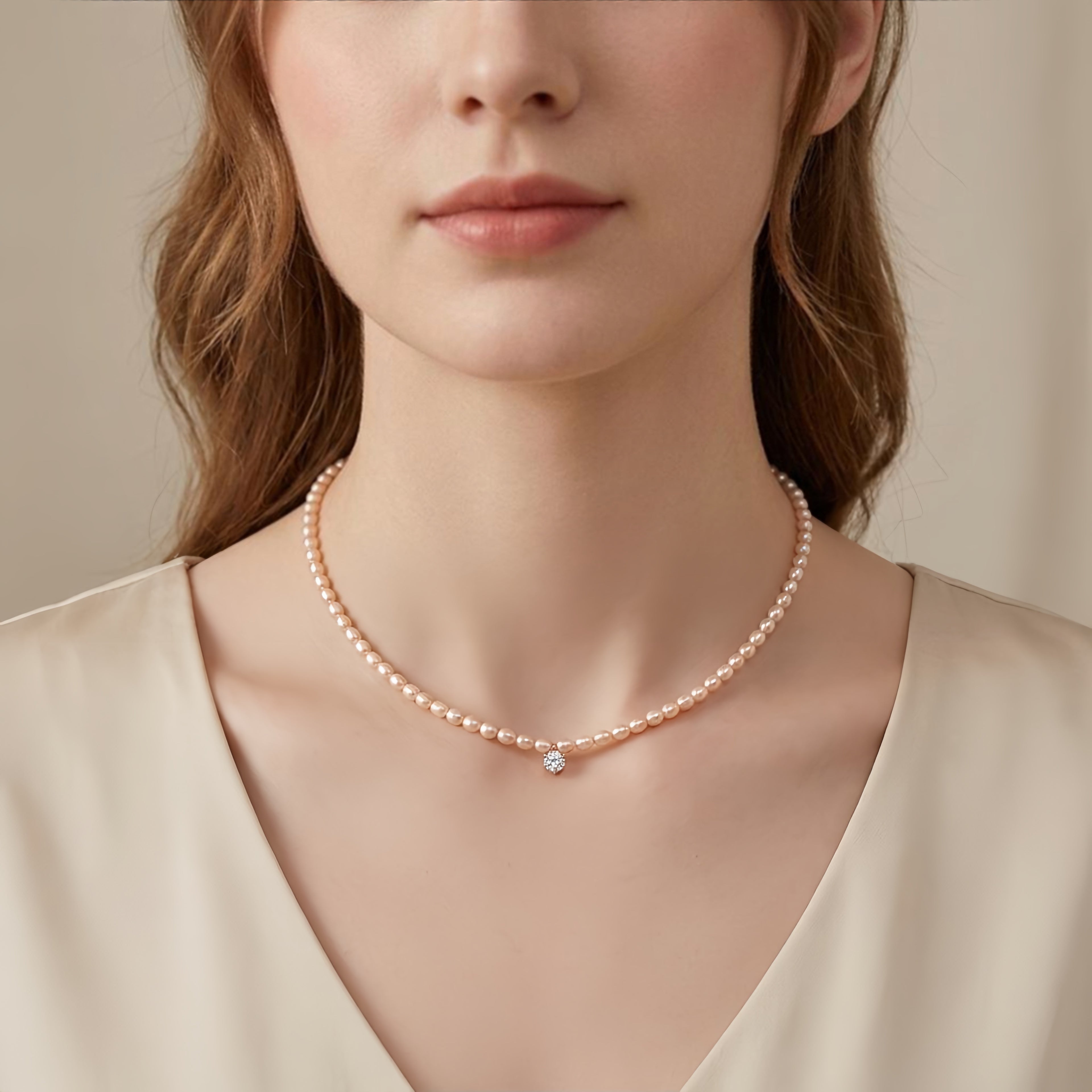 925 Sterling Silver Elegant Rose-Tone Pearl Choker with a Radiant Round-Cut Solitaire Pendant