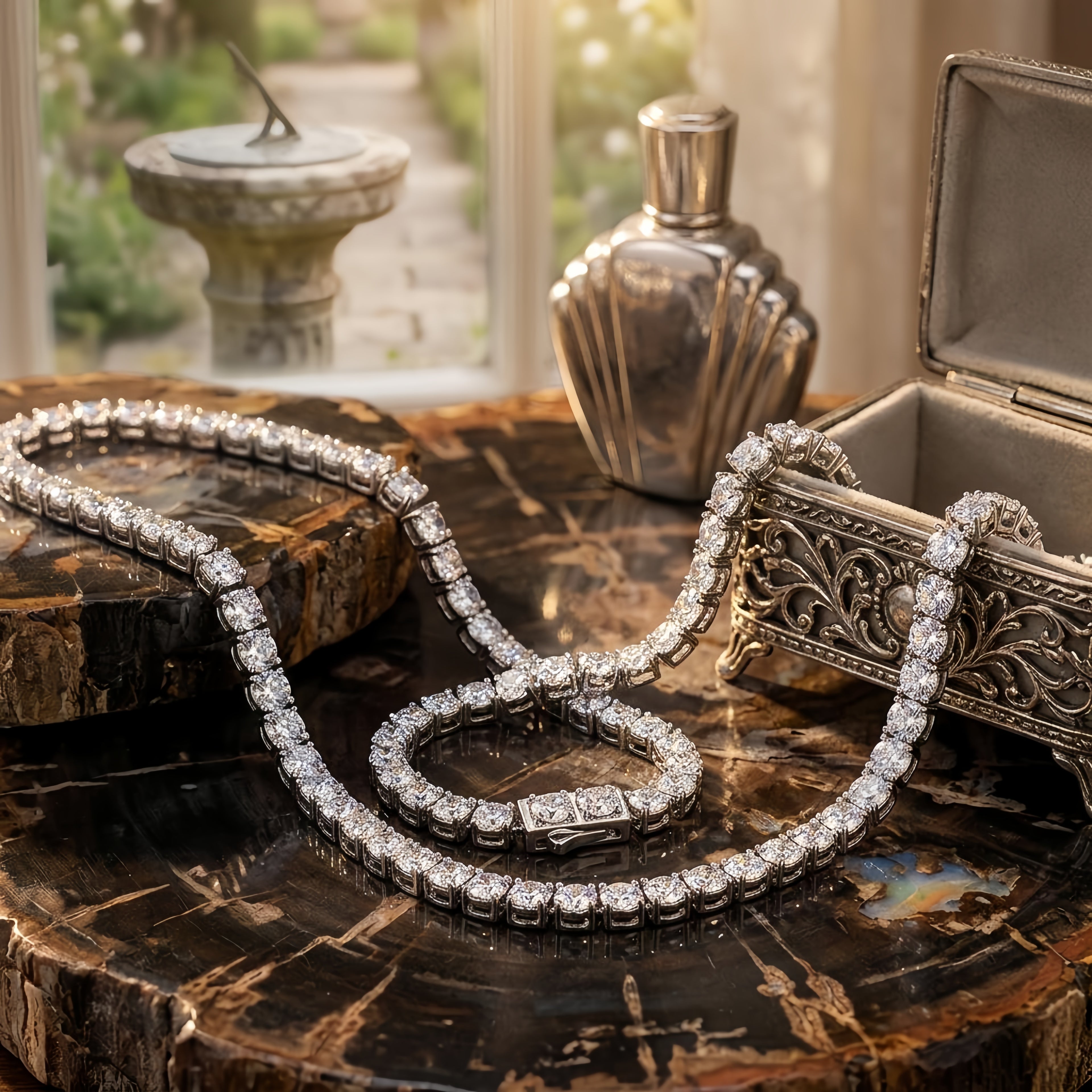 925 Sterling Silver Elegant Multi-Row CZ Necklace Sparkling White Gold Chain