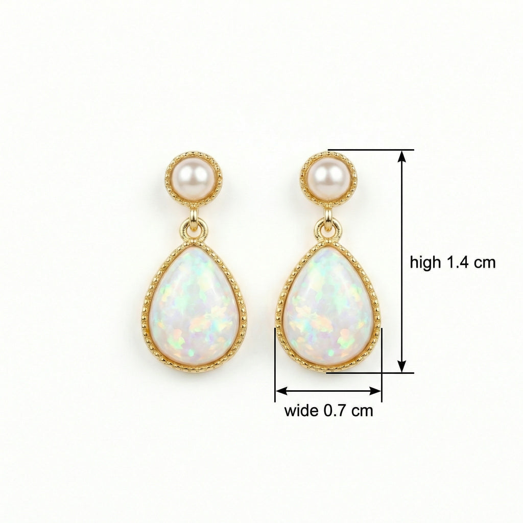 925 Sterling Silver Elegant Pearl and Pear-Shaped Opal Drop Earrings with Intricate Bezel Detailing
