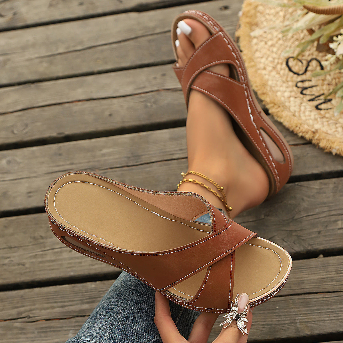 Casual And Comfortable Cross-strap Wedge Sandals One Size Fits All