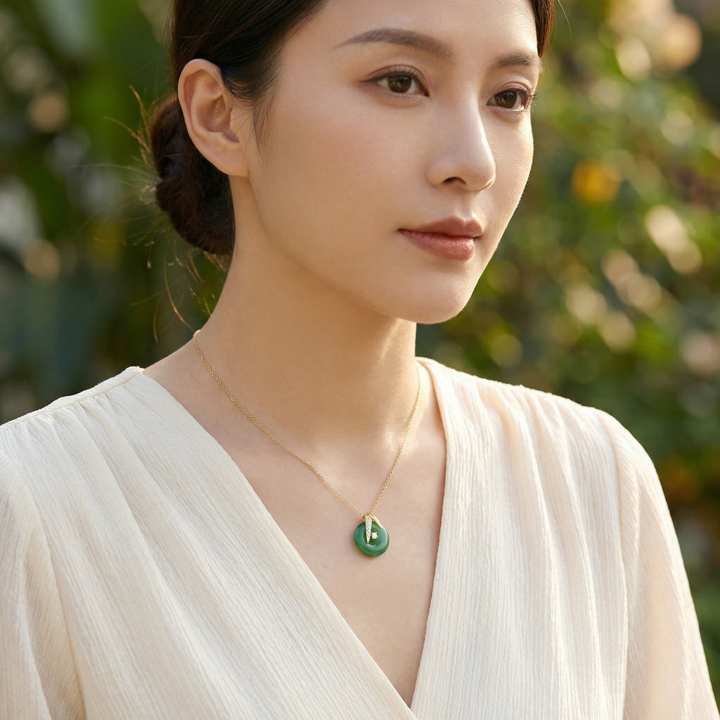 925 Sterling Silver Elegant Green Jade Pi Disc Pendant Necklace Featuring Brilliant CZ Accents and Sophisticated Metal Chain