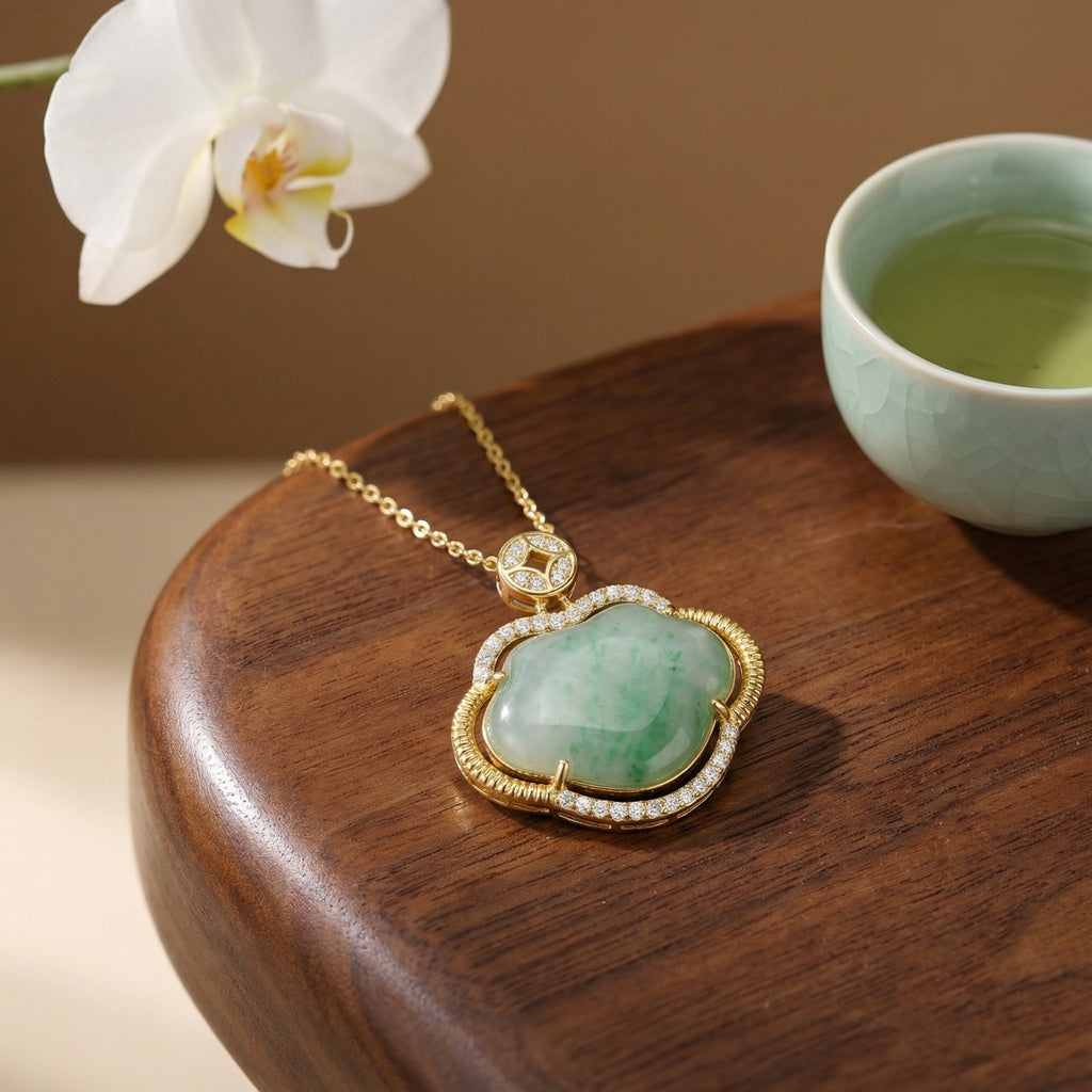 925 Sterling Silver Elegant Jadeite Ruyi Pendant Necklace with Shimmering Gemstone Accents and Polished Chain