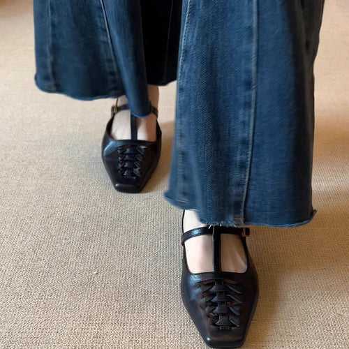 2026 New Vintage Woven Square Toe Mules, 3.5cm Mid Heel Elegant Closed Toe Outdoor Sandals