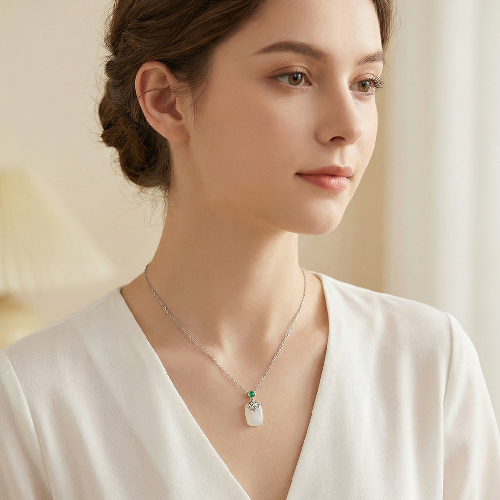 925 Sterling Silver Elegant White Jade and Green Gemstone Filigree Pendant Necklace in Sterling Silver