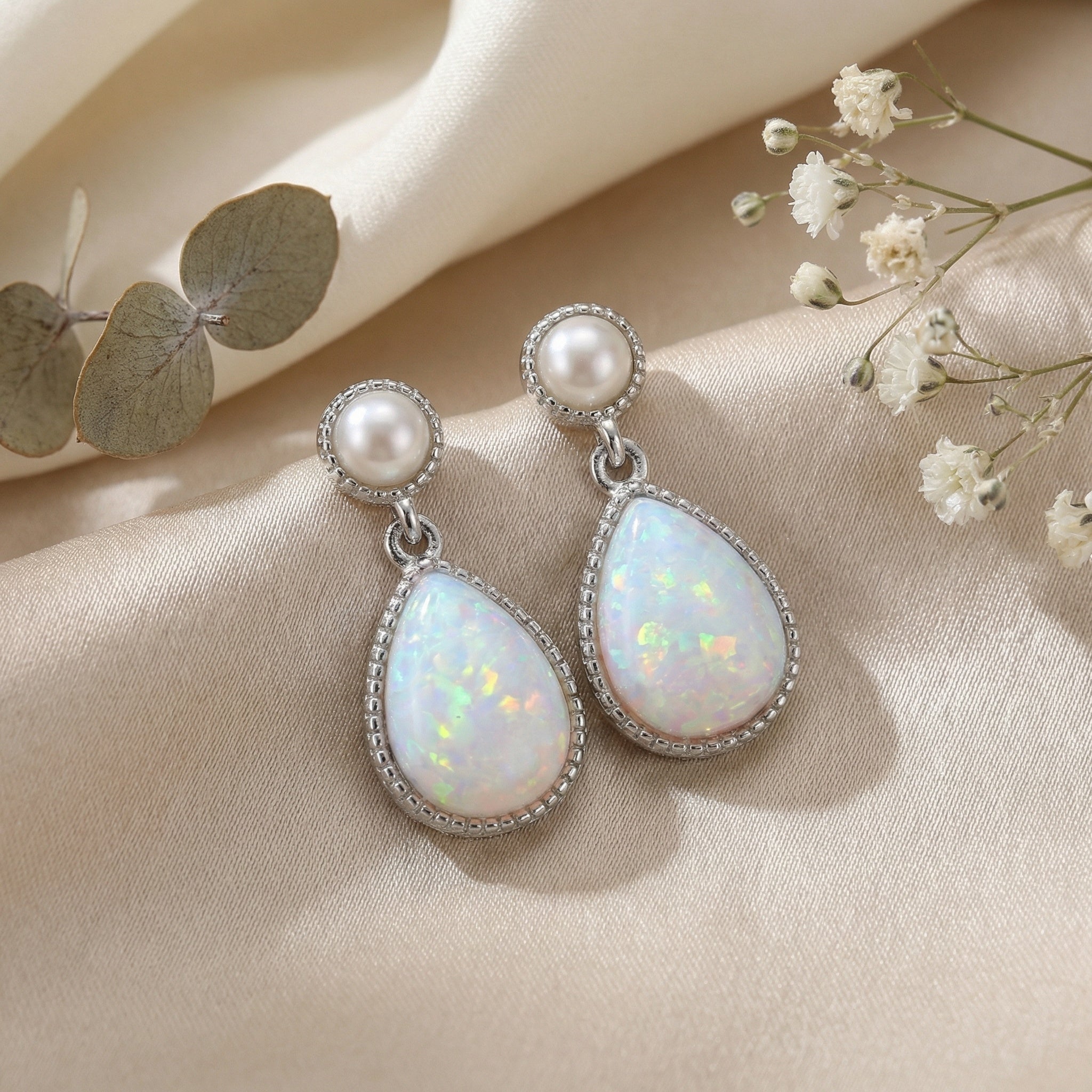 925 Sterling Silver Sterling Silver Teardrop Lab-Created White Opal and Pearl Drop Earrings