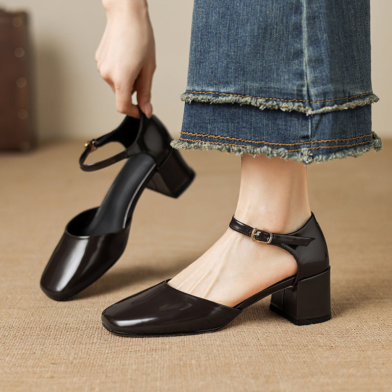 Women's Full-Grain Cowhide Mary Jane Block Heel Sandals, Handmade Leather Square Toe Heels