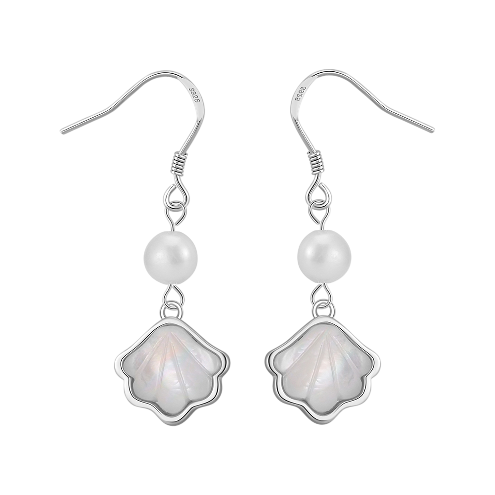 925 Sterling Silver Elegant  Pearl Drop Earrings with Lustrous Shell Pendants
