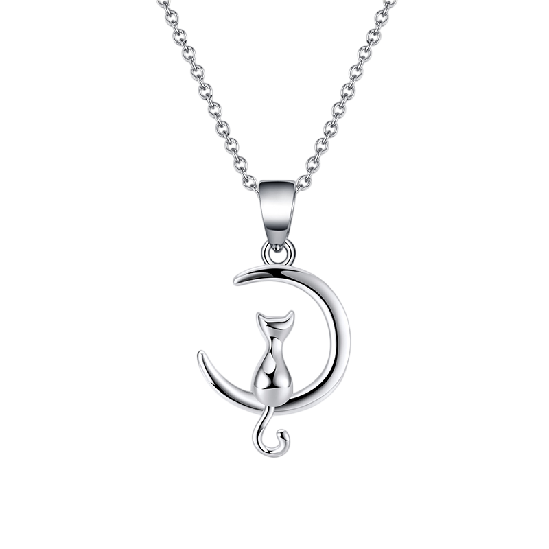 925 Sterling Silver Elegant  Cat on Crescent Moon Pendant Necklace