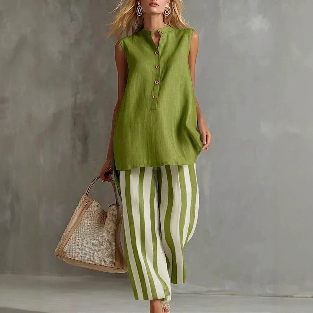 Casual Sleeveless Shirt Top And Striped Wide-Leg Pants Two-Piece Set