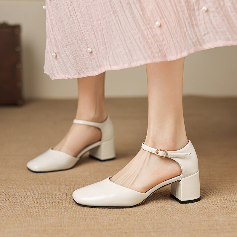 Women's Full-Grain Cowhide Mary Jane Block Heel Sandals, Handmade Leather Square Toe Heels